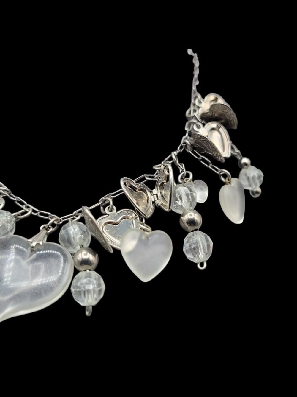 Love Choker Necklace 16" Frost Glass 8 Silver Plated Double Photo Locket Charms - Picture 12 of 15